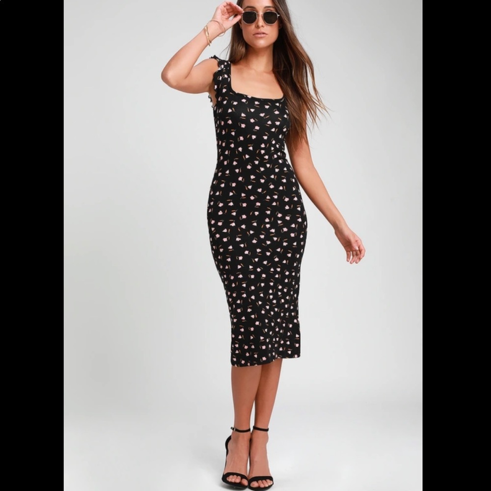 Billabong Black Floral Tight Stretchy Midi Dress
